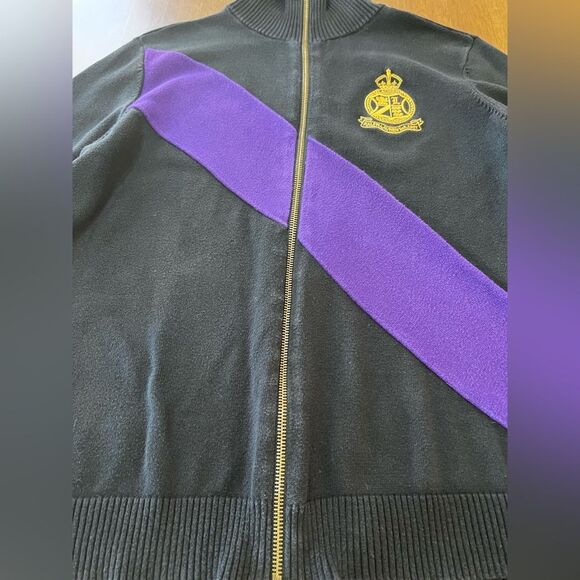 VINTAGE LAUREN RALPH LAUREN PURPLE  BLACK FULL ZIP SWEATER GOLD CREST Sz M - Picture 6 of 10